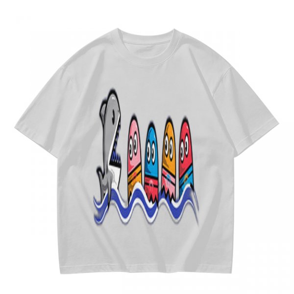 Olive T-Shirt With Shark And Colorful Ghost Creatures Print