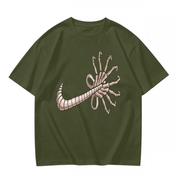 Olive T-shirt with Alien Facehugger Swoosh Graphic Print