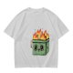 Olive green t-shirt with a cartoon burning box graphic