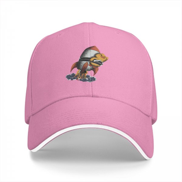 Black baseball cap with cartoon duck riding a rocket launch design