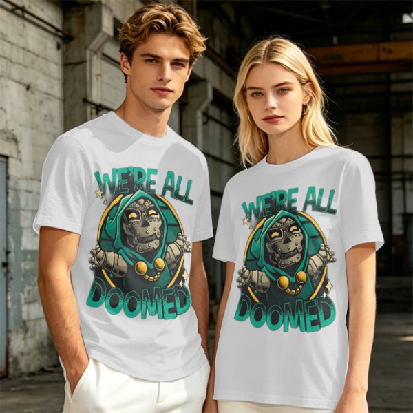 Olive T-Shirt Featuring 'We're All Doomed' and Doom Character Art