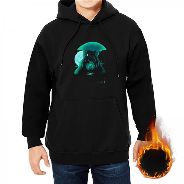 Black hoodie with glowing cat and umbrella graphic design