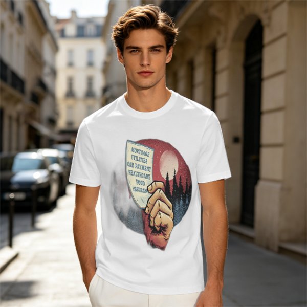 Olive T-Shirt With Hand Holding Bill Of Monthly Expenses Art