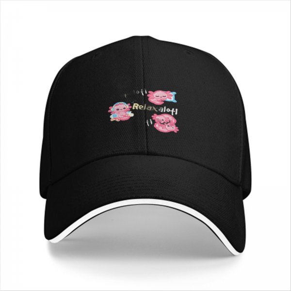 Black baseball cap with cute axolotl 'Relaxalofi' graphic design