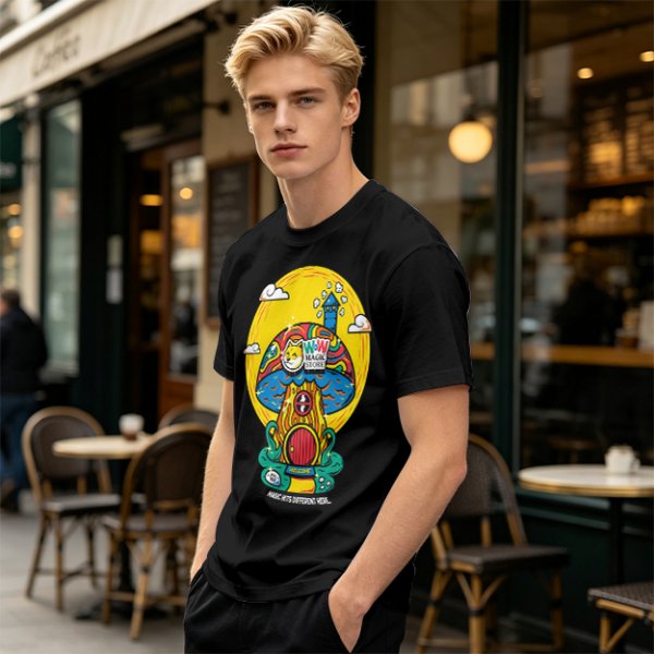 Olive T-Shirt with Trippy Mushroom House Graphic Design