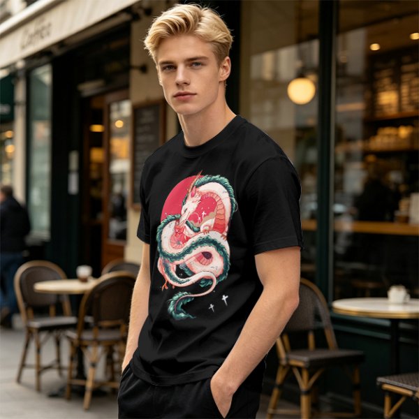 Olive T-shirt with stylized white dragon and red circular graphic print