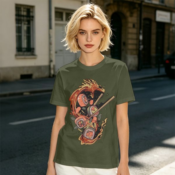 Olive T-shirt with Sushi Dragon Chopstick Art Print