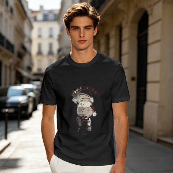 Olive Green T-Shirt with 'Hello Monday!' Coffee Character Graphic