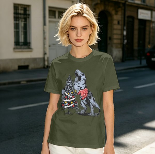 Olive T-shirt with T-Rex in Christmas sweater decorating a tree
