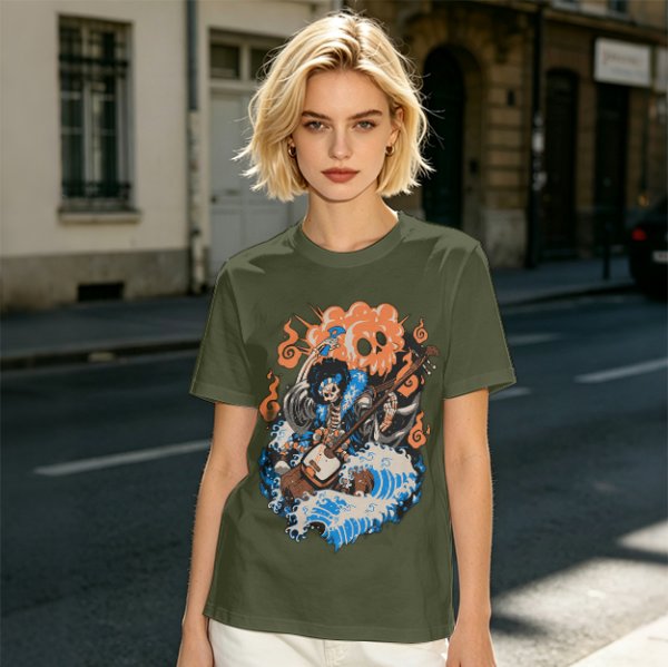 Olive T-shirt with Skeleton Musician Playing Guitar Over Ocean Waves