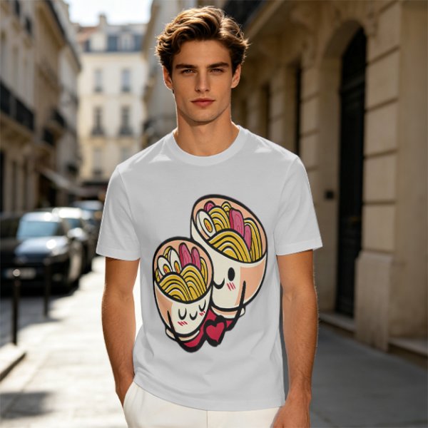 Olive T-Shirt With Cute Hugging Ramen Bowl Couple Print