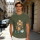 Olive T-shirt with a startled alien washing hands graphic