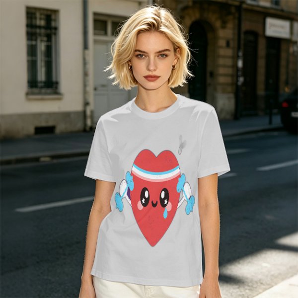 Olive T-Shirt With Cute Cartoon Heart Lifting Dumbbells Print