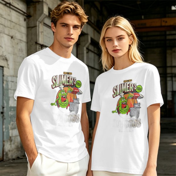 Olive green t-shirt with Slimer's Ghostbusters themed graphic print