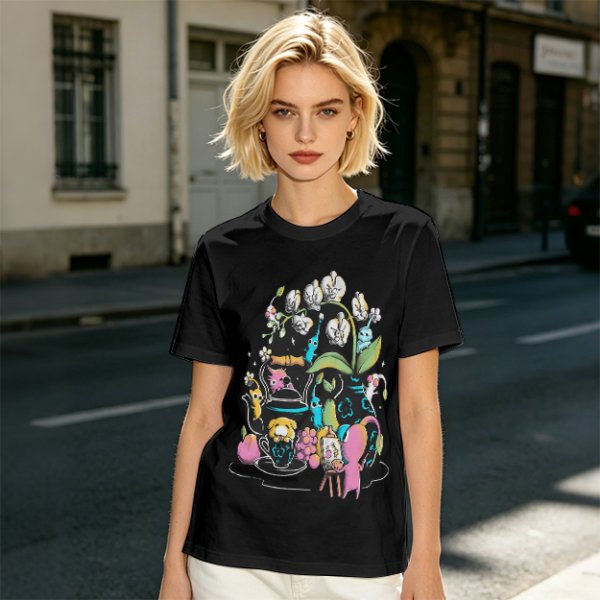 Olive T-Shirt With Whimsical Pikmin Themed Tea Party Art