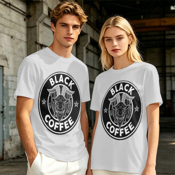 Olive green t-shirt with black goat head and Black Coffee graphic