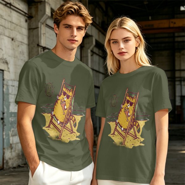 Olive T-Shirt With Cool Cat Lounging On Beach Chair Holding Drink