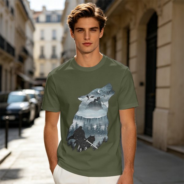 Olive T-Shirt With Howling Wolf Silhouette Winter Fantasy Art Print