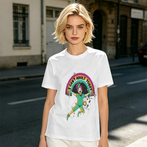 Olive Graphic T-Shirt With 'I Can't Adult Today' Rainbow Design