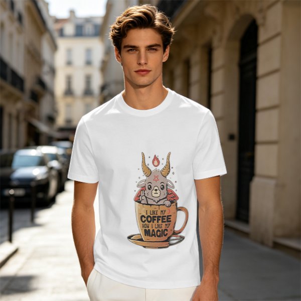 Olive t-shirt with cute Baphomet coffee magic print