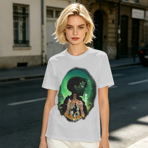 Attack on Titan layered silhouette graphic olive t-shirt