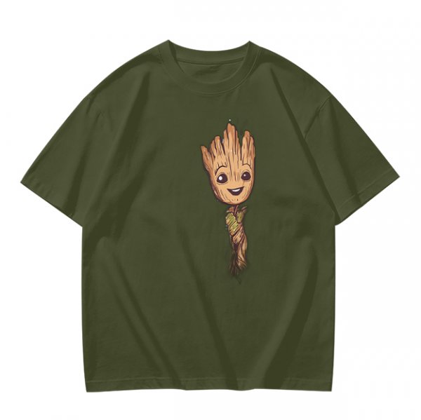 Olive Green T-Shirt with Smiling Baby Groot Graphic