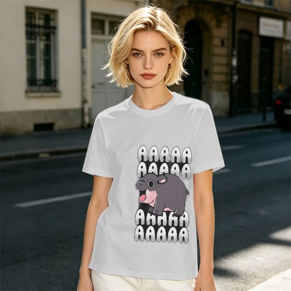 Olive t-shirt with screaming baby hippo and repeated A text