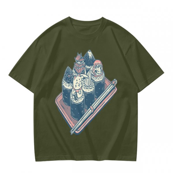 Olive T-Shirt With Sushi Themed Character Art Print