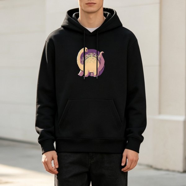 Black Hoodie With Cute Taco Dinosaur Graphic Print