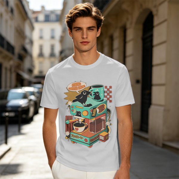 Strong Coffee Club Crow Espresso Machine T-Shirt Art