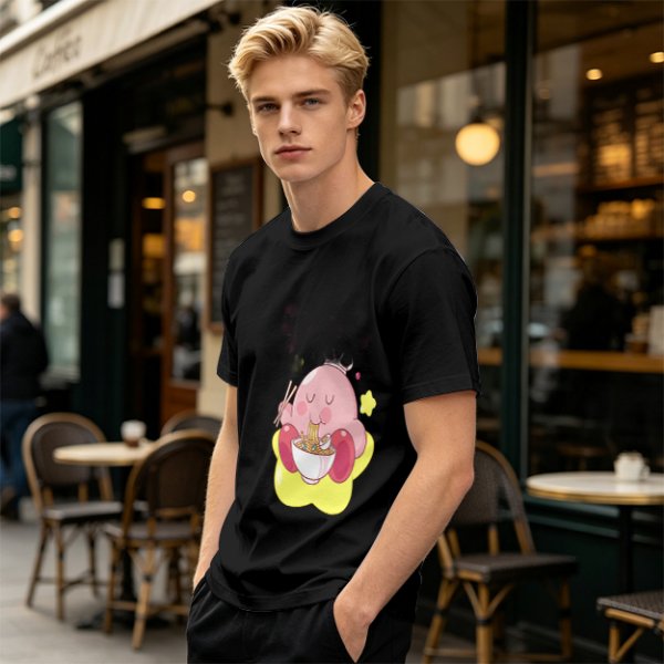 Olive T-shirt Featuring Kirby Eating Ramen on a Warp Star