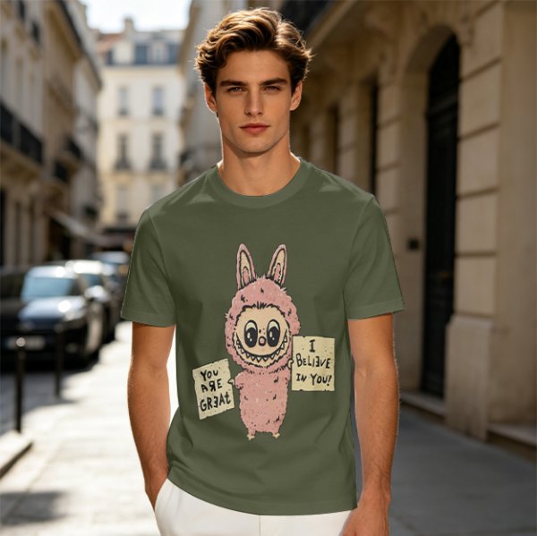 Olive T-shirt with a cute bunny monster holding You Are Great and I Believe In You signs
