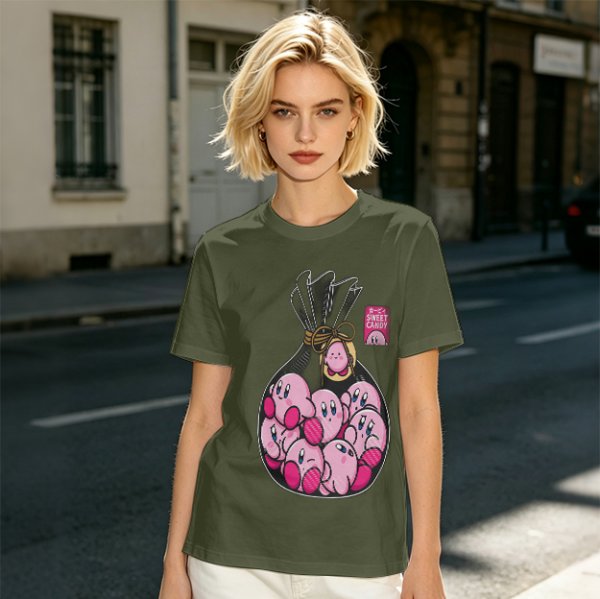 Olive T-Shirt With Cute Kirby Candy Bag Graphic