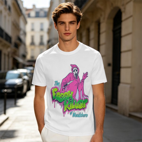 Olive T-Shirt with Neon Pink Ghostface 'The Fresh Killer' Print