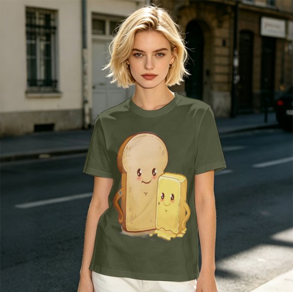Olive T-Shirt With Cute Cartoon Bread And Butter Graphic