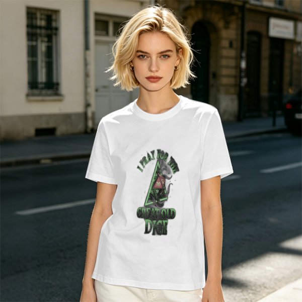 Olive t-shirt with 'Pray for the Great Old Dice' cosmic horror print