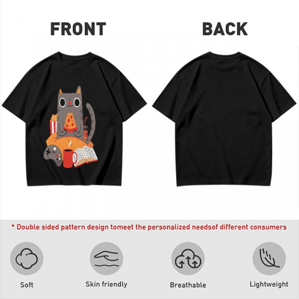 Olive T-Shirt With Cozy Cat Eating Pizza And Gaming Print