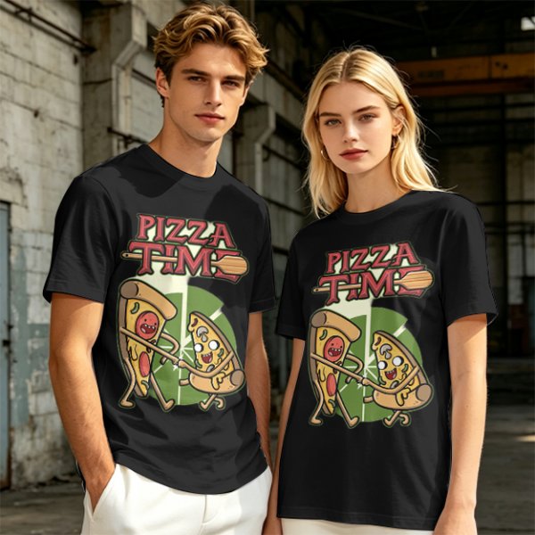 Olive green pizza graphic t-shirt with playful pizza slice characters