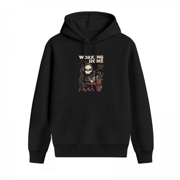 Black hoodie with a grim reaper working from home graphic
