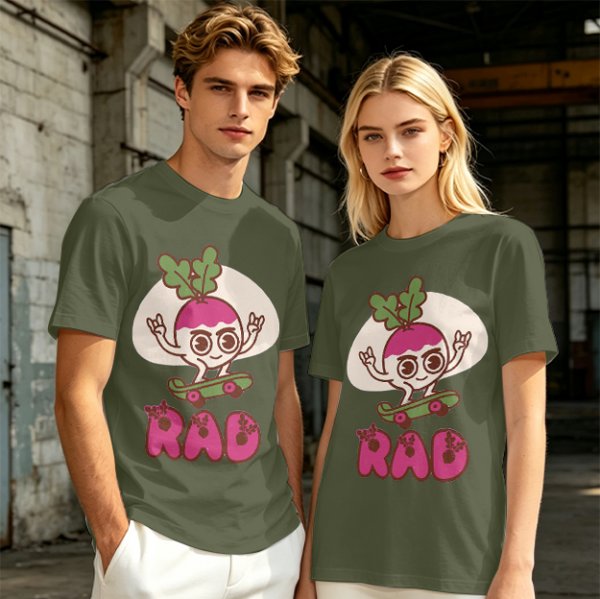 Olive T-Shirt With Rad Skating Radish Cartoon Graphic