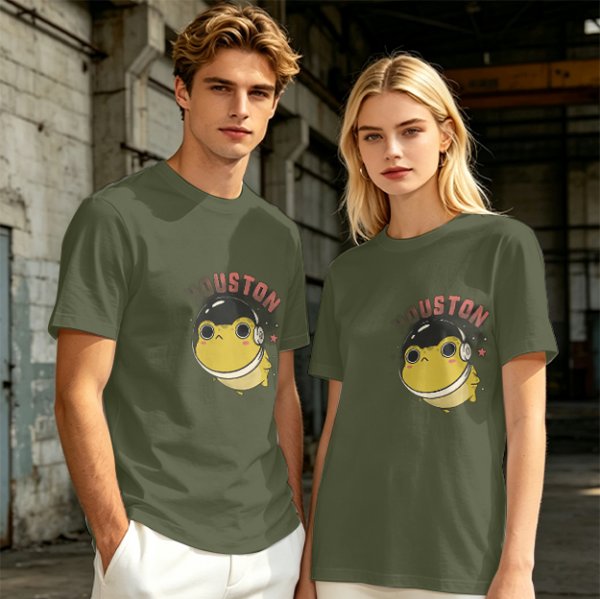 Olive green t-shirt with space frog graphic and Houston text