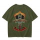 Olive graphic t-shirt with swords n sorcery appetite for sacrifice cross design