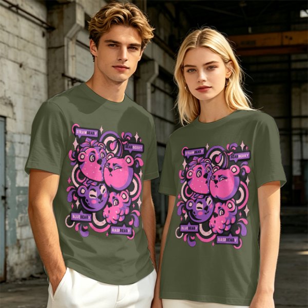 Olive T-shirt with playful bear-fruit graphic print