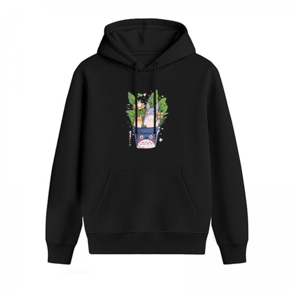 Black hoodie with cute Totoro plant pot graphic design