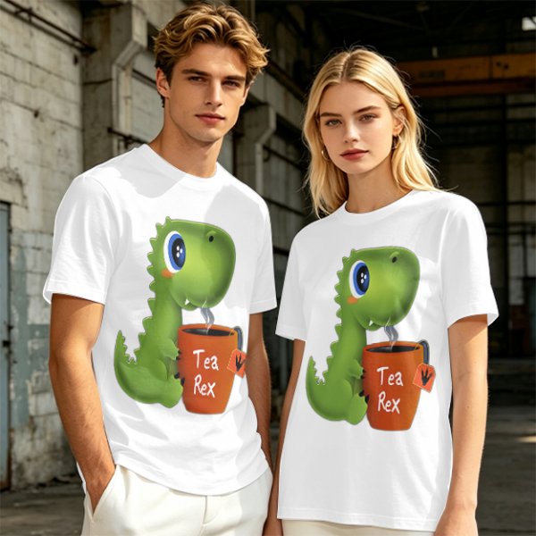 Olive green t-shirt with cute Tea Rex dinosaur holding a steaming tea mug