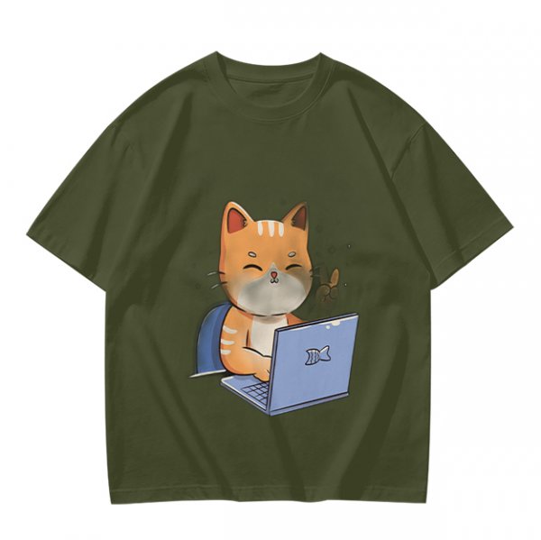 Olive T-Shirt With Cute Orange Cat Working On Laptop Print