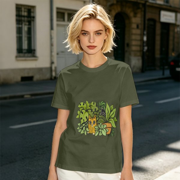 Olive T-Shirt With Playful Cat And House Plants Graphic