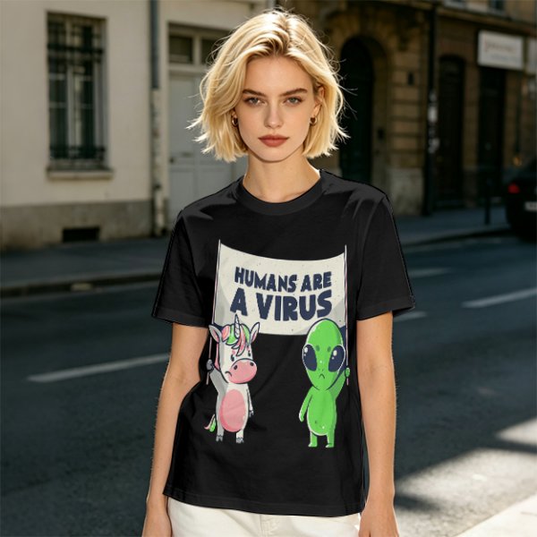 Olive T-shirt with Unicorn and Alien Holding 'Humans Are A Virus' Sign
