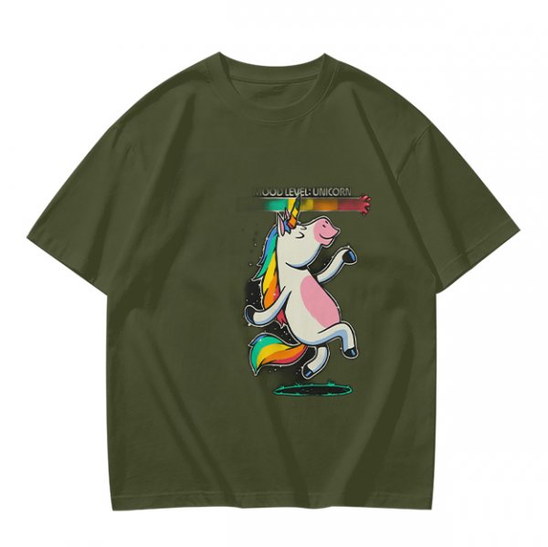 Olive T-shirt with Dancing Rainbow Unicorn Graphic Print