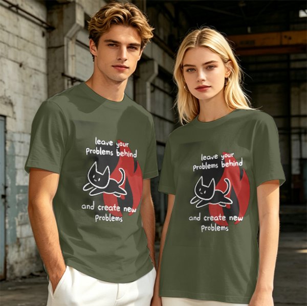 Olive graphic tee with funny cat and leave your problems behind quote